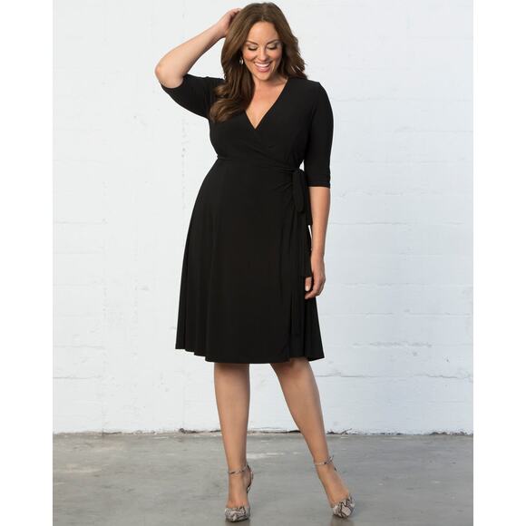Kiyonna Black A-Line Wrap Dress V-Neck 3/4 Sleeve - Picture 2 of 11